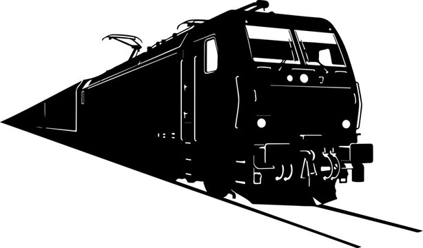 Black train locomotive vector, train engine silhouette, railroad transportation icon, industrial rail vehicle