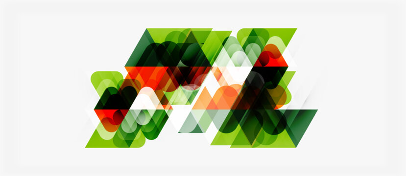 Abstract geometric shapes overlap creating colorful design. Greens, oranges, reds blend into modern composition. Minimalist style.