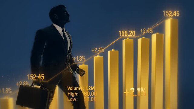 Businessman silhouette with rising financial chart growth visualization