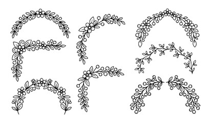 Simple floral corner border vector set with clean line art blossom petal and small berry frame designs © Mdsahag