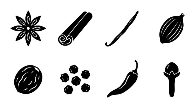Spice Icons Vector Set: Star Anise, Cinnamon, Vanilla Bean, Cardamom, Nutmeg, Peppercorns, Chili Pepper, Cloves, Culinary Ingredients, Aromatic Seasonings