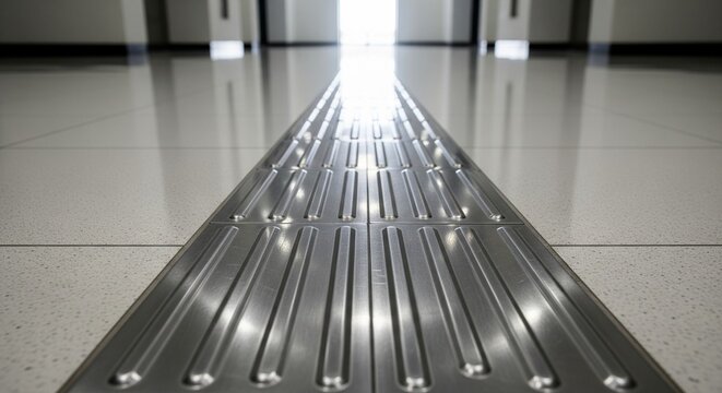 Close-up low angle view of metal tactile paving tiles with longitudinal grooves on a glossy indoor floor for visually impaired navigation