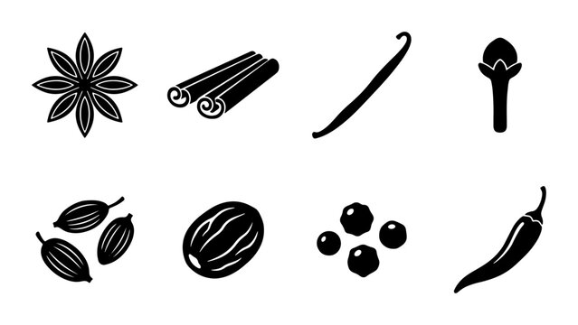 Spice Icons Collection: Anise, Cinnamon, Vanilla Bean, Clove, Cardamom, Nutmeg, Peppercorns, Chili Pepper Vector Graphics
