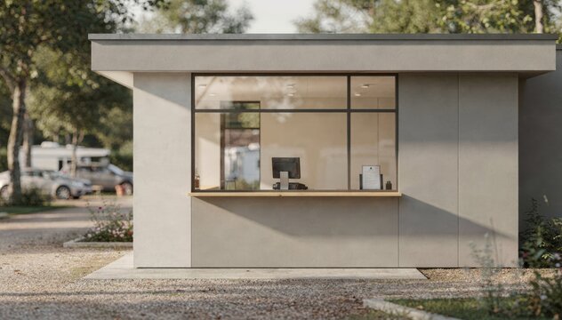 Campground reception building with modern architectural design sharp focus on the checkin window and signage soft blurred trees and parked cars behind.