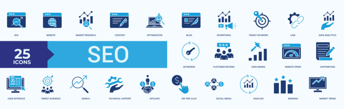 Search Engine Optimization Icon Set Illustration Vector Flat Blue Style with seo, website, market research, content, optimization, blog