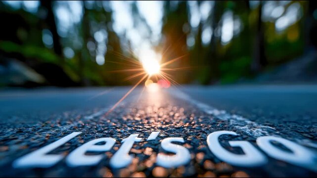 Low-angle road with &ldquo;Let&rsquo;s Go&rdquo; text, car headlights, forest background, and sunrise flare, symbolizing travel, motivation, and new beginnings