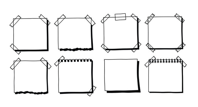 Taped paper note silhouettes with various edges black and white silhouette