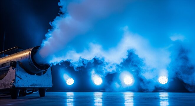 A professional fog machine blowing thick white smoke across a stage illuminated by bright blue spotlights