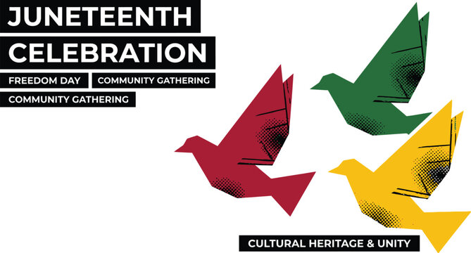 Juneteenth celebration graphic showcases three origami doves in red, green, and gold colors symbolizing peace and cultural heritage.