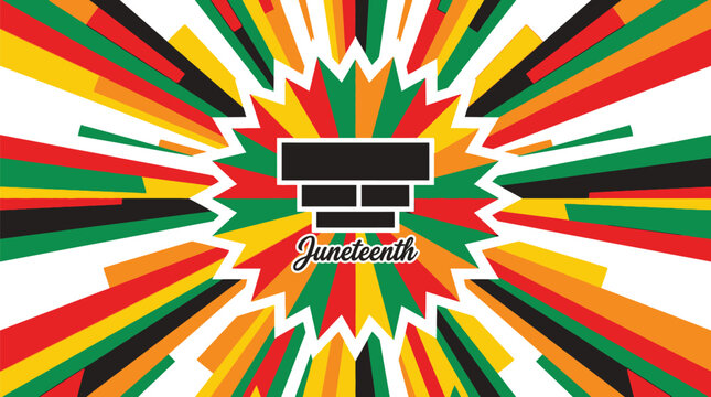 Juneteenth graphic design features a central starburst pattern with vibrant red, yellow, green, and black colors radiating outward.