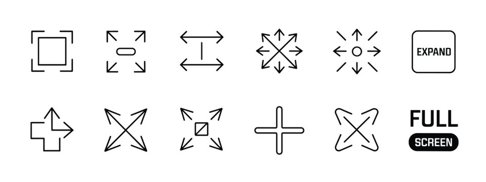 Collection of black outline representing expansion and full screen modes expand full screen resize zoom arrow direction interface ui web app symbol