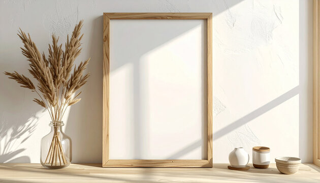 Blank wooden picture frame with dried plants and sunlight shadow display