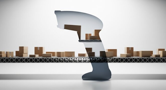 A double-exposure concept image showing a clean silhouette of a barcode scanner gun containing an image of cardboard boxes moving along a warehouse conveyor belt.