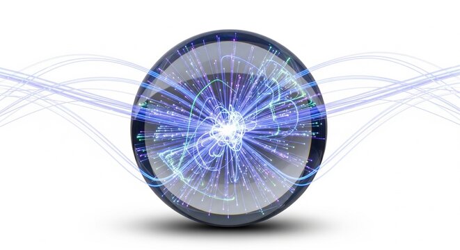 A glowing blue energy crystal sphere with electric light rays spreading horizontally outward on a white background