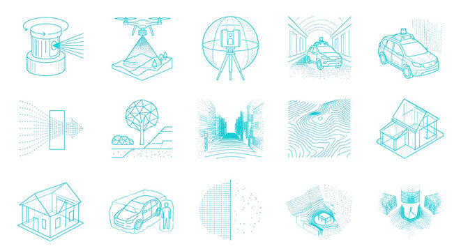 Lidar Scanning and 3D Mapping Technology Line Art Icons, Cyan line art illustrations depicting various 3D scanning technologies, including drones, vehicles, tripods, and sensor data mapping 