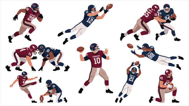 Football Match Action Poses, Quarterback Throwing, and Wide Receiver Catching Illustration