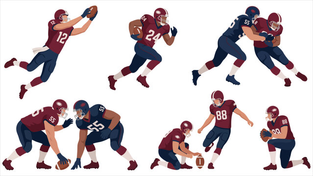 Football Match Action Poses, Quarterback Throwing, and Wide Receiver Catching Illustration