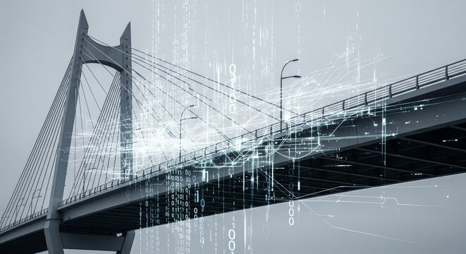 Cable-stayed bridge in black and white with glowing white digital network lines and abstract binary code data streams floating across it.