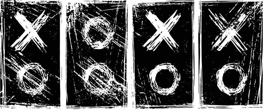 Grunge tic tac toe game with x and o marks on dark textured background