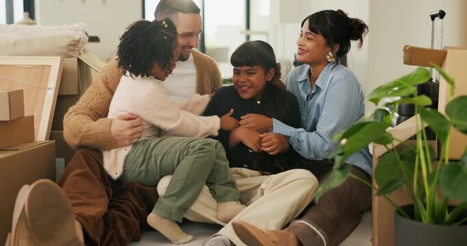 Laughing, tickle and parents with children in new house for moving, property investment and bonding. Support, happy and people with girls for family fun, residence relocation or sisters play together