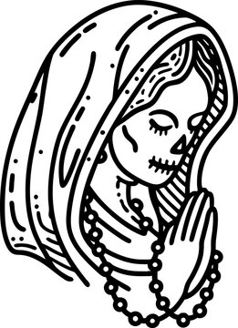 Skeleton woman praying with rosary beads in hooded cloak, day of the dead traditional art