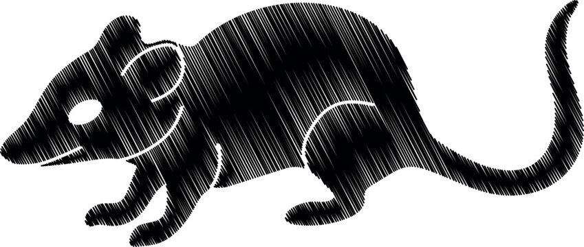 A bold and minimalist vector graphic showing the solid silhouette of a mouse. The interior of the shape is filled with a distinct scribble texture providing a modern and artistic edge to a classic .