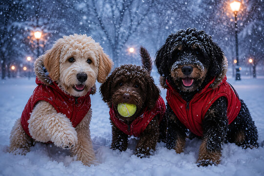 Three Adorable Groodle Dogs Playing in Snow Wearing Red Winter Jackets at Night