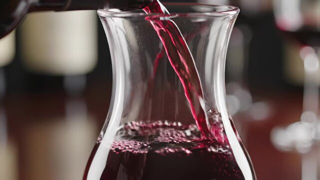 Red wine pouring into a glass decanter in slow motion. Close-up of dark red liquid being aerated from a bottle. Wine tasting and hospitality concept
