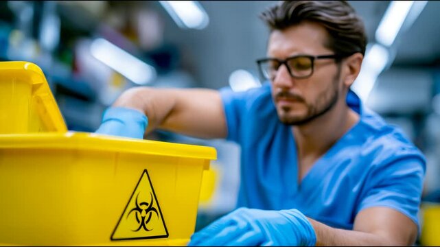 Medical worker in scrubs and gloves disposing hazardous waste in a yellow biohazard container, showing hospital safety and infection control