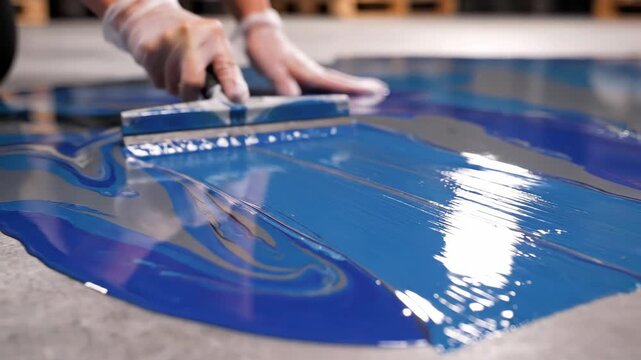 Hands in gloves spreading abstract blue and grey epoxy floor coating. Fluid art design on concrete surface. Modern industrial flooring application