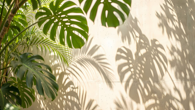 Minimalist aesthetic nature background featuring fresh monstera plant leaves and shadow overlay on a light brown stone wall.