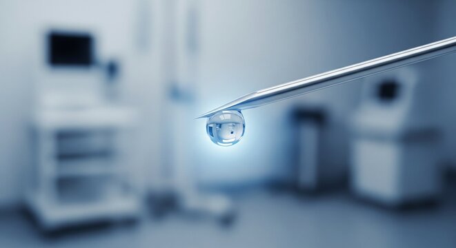 A close-up shot of a medical needle tip with a clear drop of liquid or medicine, with a blurred hospital laboratory room in the background.