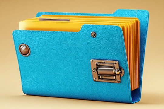 Blue folder with yellow documents on beige background