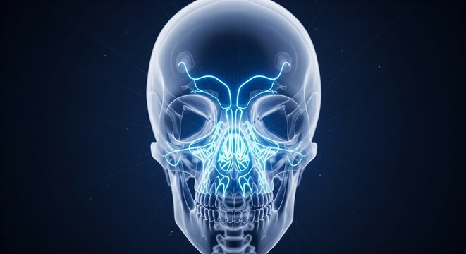 Futuristic medical x-ray scan of a human skull with bright neon blue lines emphasizing the sinuses, facial nerves, and blood vessels