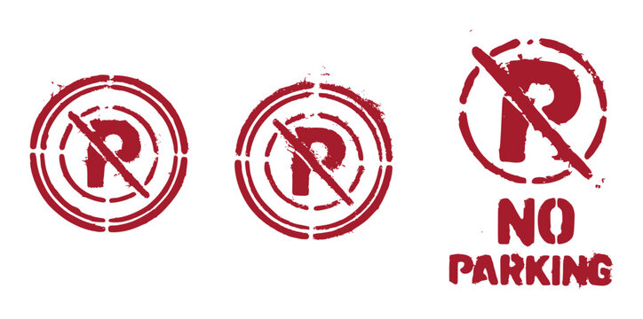 No Parking Sign Stancil Paint Grunge Style Vector Set