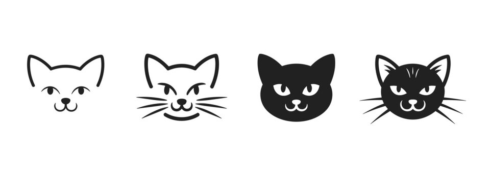 Four stylized black and white cat faces in a row feline animal