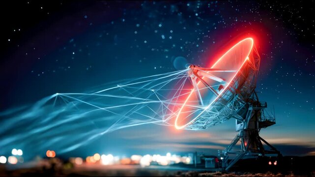 Large satellite dish glowing with blue and orange signal beams under a night sky, representing space communication and data transmission