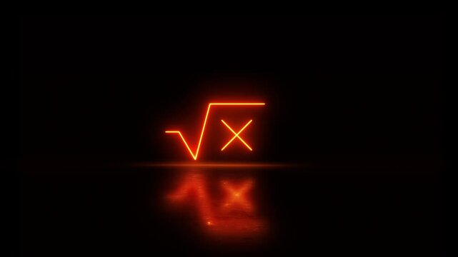 Neon glowing Square root icon video animation. Square root of x axis icon, square root symbol video animation, square root on video black background. Square root of x glyph icon video motion.