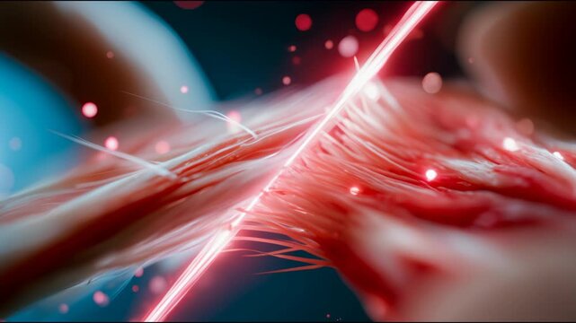 Close-up of damaged muscle fibers with glowing laser light, showing tissue injury, inflammation, repair, therapy, and medical recovery concept