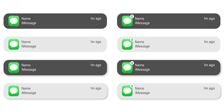 Smartphone instant messaging notification popup mockup set featuring light and dark mode text alert bubbles with green chat bubbles for mobile user interface designs.