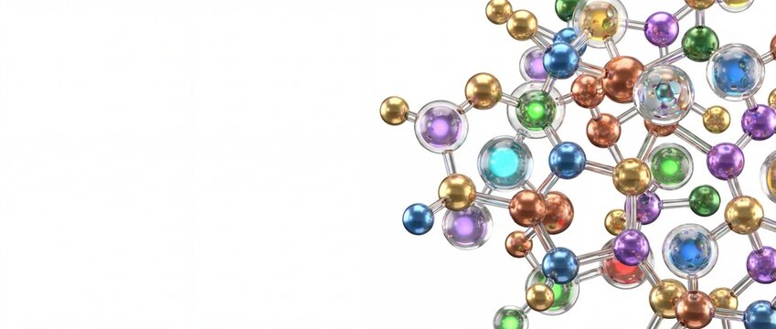 Abstract 3D colorful molecule structure on white background with copy space. Medical backdrop template for protein, GLP-1, NAD, NMN, serotonin or dopamine concept. Generative AI