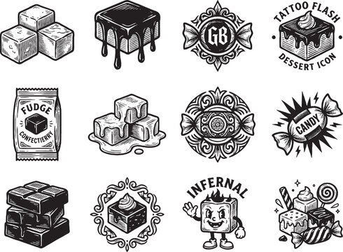 Illustrations of various sweet treats and dessert icons are displayed