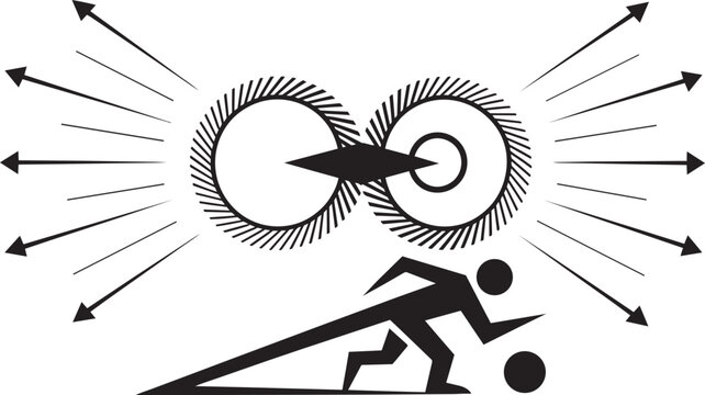 Stylized runner and abstract gear shapes with radiating arrows and start and running in outline style