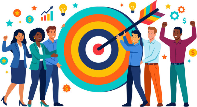 Business team celebrating hitting target with colorful dart and bullseye