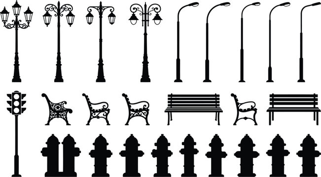 Set of street furniture silhouettes including vintage lamp posts, modern street lights, park benches, traffic signals and fire hydrants