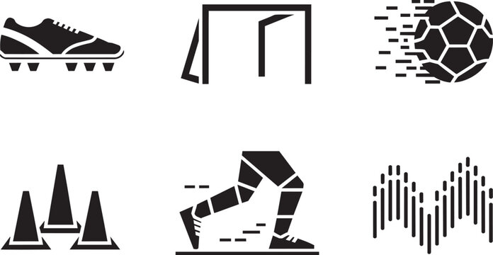 Modern soccer football sports training icons set with cleats, goal, ball, 3 cones, and running in solid style