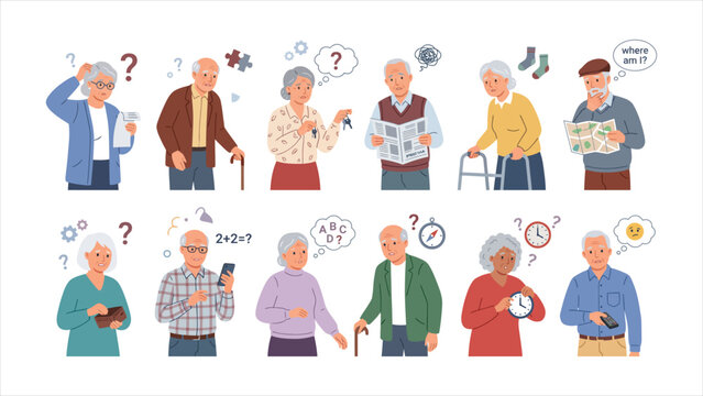 Dementia Symptoms, Memory Loss, and Alzheimer's Disease in Elderly People Vector Set