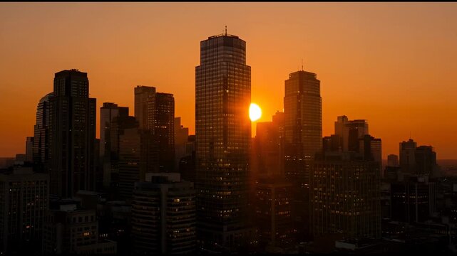 City skyline silhouetted against golden sunset over downtown towers