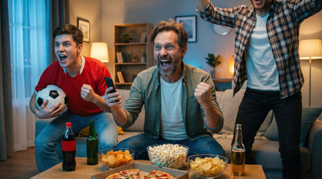 Football fans celebrating together while watching live championship match at home, exciting sports atmosphere symbolizing friendship, teamwork and global football passion