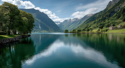 Serene lake mountain landscape lush green trees clear blue sky calm water scenic valley peaceful nature reflection summer day outdoor tranquility